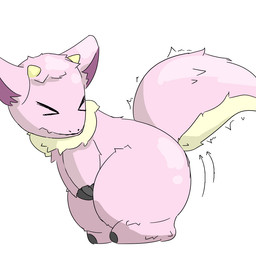 >_< ambiguous_gender ass_up butt covering covering_self crouching directional_arrow eyes_closed feral fur hand_on_belly motion_outline pink_body pink_fur pink_tail shaking side_view simple_background solo tail toony yellow_body yellow_fur young young_feral toilet_paper_(pixiv) mythology dragon mythological_creature mythological_scalie scalie 1:1 2026 digital_media_(artwork)