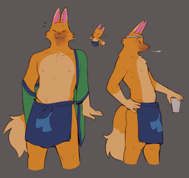 accessory anthro anthrofied apron blue_apron blue_clothing breath butt butt_from_the_front clothed clothing container cup dipstick_tail emanata eyes_always_closed eyes_closed gloves_(marking) green_clothing green_topwear hachimaki hand_on_hip holding_container holding_cup holding_object looking_at_viewer male markings multiple_poses open_clothing open_topwear partially_clothed pink_inner_ear pose side_view simple_background smile solo tail tail_markings topwear krunnnnnch animal_crossing nintendo crazy_redd canid canine fox mammal