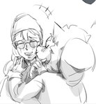 anthro blush clothing duo eyes_closed eyewear female fur_collar glasses gloves handwear hug kissing kissing_cheek male open_mouth open_smile round_glasses smile young young_male ydvavofi tiny_bunny alice_the_vixen anton_petrov canid canine fox human mammal 2023 digital_media_(artwork) greyscale monochrome sketch