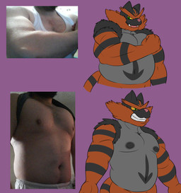 anthro belly big_belly black_nipples flexing green_eyes grin looking_at_viewer male moobs nipples nude overweight overweight_anthro overweight_male pink_nose real smile solo standing yellow_sclera camp14 nintendo pokemon generation_7_pokemon incineroar pokemon_(species) hi_res reference_image