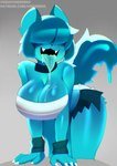 4_fingers anthro arm_tuft barely_visible_genitalia barely_visible_vulva big_breasts biped black_nose blue_body blue_bottomwear blue_clothing blue_collar blue_ears blue_fur blue_hair blue_inner_ear blue_shorts blue_tail blue_wristband bodily_fluids bottomwear breasts chest_wraps claws clothed clothed_anthro clothed_female clothing collar drooling fangs female female_anthro finger_claws fingers fur genitals glistening glistening_breasts glistening_tongue grey_background hair hair_over_eyes innie_vulva leaning leaning_forward legs_together no_underwear open_mouth saliva shorts shoulder_tuft simple_background solo tail teeth text thick_thighs tongue tongue_out tuft vulva wraps wristband voider_(artist) goommy_(goommymuffin) felid feline mammal spirit 2025 absurd_res artist_name chromatic_aberration digital_drawing_(artwork) digital_media_(artwork) hi_res url
