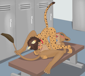 4_toes 5_fingers 69_position adolescent adolescent_on_adolescent animal_genitalia animal_penis anthro anus barely_visible_genitalia barely_visible_penis bench biped blush bodily_fluids breasts brown_body brown_fur brown_hair brown_nose brown_spots butt claws clitoris collar countershading cunnilingus dipstick_ears duo ear_markings erection fangs feet feline_genitalia feline_penis female fingers fur genital_fluids genitals green_eyes hair licking locker locker_room lying male male/female markings multicolored_ears narrowed_eyes nipples on_back oral penile penis penis_lick perineum pink_nose precum precum_in_mouth red_collar sex small_breasts spots spotted_body spotted_fur spread_legs spreading tail tail_tuft tan_body tan_fur teeth toes tongue tongue_out tuft vaginal vulva white_claws yellow_body yellow_fur yellow_sclera young young_anthro young_on_young bunnybits conditional_dnp coren_lynch tora_(shadowjumper) cheetah felid feline lion mammal pantherine 2017 absurd_res digital_media_(artwork) hi_res