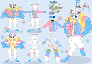 anthro anthrofied bag biped blue_body blue_eyes blue_fur candy clothing cotton_candy dessert female female_anthro food fur jacket leg_markings lollipop markings pink_body pink_fur socks_(marking) solo text tongue tongue_out topwear white_body white_fur yellow_body yellow_fur unknown_artist nintendo pokemon fizz_pix generation_1_pokemon pokemon_(species) vulpix absurd_res english_text hi_res model_sheet