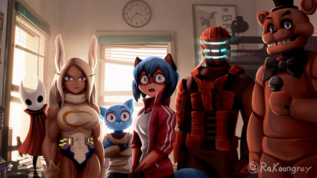 abs anthro armor biceps big_breasts black_body black_eyes blue_hair bow_tie breasts brown_body brown_fur clothing crossed_arms electronics eyebrows eyelashes facial_markings female fur group hair hat head_markings headgear headwear helmet inside jacket leotard machine male markings mask_(marking) microphone muscular muscular_female topwear whiskers young young_male rakoongrey brand_new_animal cartoon_network dead_space electronic_arts five_nights_at_freddy's hollow_knight_(franchise) my_hero_academia scottgames studio_trigger team_cherry the_amazing_world_of_gumball visceral_games freddy_(fnaf) gumball_watterson hornet_(hollow_knight) isaac_clarke michiru_kagemori rumi_usagiyama animal_humanoid animatronic arthropod bear canid canine domestic_cat felid feline felis human humanoid insect lagomorph lagomorph_humanoid leporid_humanoid mammal mammal_humanoid rabbit_humanoid raccoon_dog robot tanuki 16:9 2025 crossover hi_res widescreen