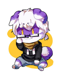 anthro black_clothing black_hoodie black_topwear blue_bottomwear blue_clothing blue_pants bottomwear brown_scarf cheek_tuft chibi closed_smile clothed clothing eyewear facial_tuft front_view fur glasses hair hoodie male messy_hair mouth_closed pants purple_body purple_fur rectangular_glasses scarf short_hair simple_background simple_eyes sitting smile solo topwear tuft unsigned white_body white_fur white_hair yellow_eyes asnnonaka arcticsaron canid canine canis domestic_dog mammal 4:5 full-length_portrait portrait