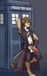 anthro balls belt biped brown_body brown_fur brown_hair clothing coat erection fur genitals hair looking_at_viewer male penis presenting solo tail tardis topwear boulevard british_broadcasting_corporation doctor_who tenth_doctor the_doctor_(doctor_who) felid lion mammal pantherine