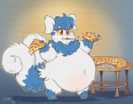 2_tails anthro belly big_belly blue_body blue_fur eating female food food_fetish fungus fur furniture gloves_(marking) leg_markings markings multi_tail mushroom neck_tuft obese obese_anthro obese_female overweight overweight_anthro overweight_female pattern_background pizza red_eyes simple_background socks_(marking) solo stuffing table tail tuft white_body white_fur yellow_sclera shellyochunks asian_mythology east_asian_mythology japanese_mythology mythology nintendo pokemon tales_of_tabira menthe_"mint"_julep felid feline generation_6_pokemon mammal meowstic nekomata pokemon_(species) yokai 2016 trans_(lore) trans_woman_(lore)