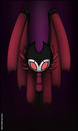 anthro bat_wings black_markings front_view gradient_background male markings membrane_(anatomy) membranous_wings purple_background red_eyes simple_background solo white_mask wings verona7881 hollow_knight_(franchise) team_cherry grimm_(hollow_knight) arthropod insect lepidopteran moth 2020 dark_theme dated digital_drawing_(artwork) digital_media_(artwork) restricted_palette