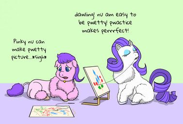 alternate_species artist baby_talk blue_eyes blue_eyeshadow chest_tuft dialogue duo embarrassed eyelashes eyes_closed eyeshadow female female_feral feral fur grey_hooves hair hooves makeup mouth_hold narrowed_eyes open_mouth painting_(object) pink_body pink_fur purple_hair purple_tail sewing_needle side_view simple_background sitting tail text tuft white_body white_fur white_hooves young young_female young_feral carpdime fluffy_pony friendship_is_magic hasbro my_little_pony princess_pinky_(fluffy_pony) rarity_(mlp) fluffy_pony_(species) mammal digital_media_(artwork) english_text shaded