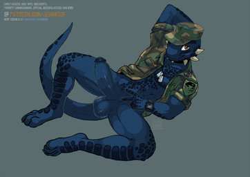 anthro army army_uniform balls big_penis blue_body camo clock clothing dog_tags erection genitals glans hat headgear headwear humanoid_genitalia humanoid_penis male penis solo uniform uniformed_male watch jeanwoof microsoft the_elder_scrolls tristen tristen_(tristentheargo) argonian scalie