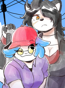 anthro baseball_bat baseball_cap bat_(object) black_body black_fur black_hair blue_hair breasts choker cleavage clothed clothing cloud collared_shirt dress_shirt duo eye_through_hair eye_through_hat eyebrows_through_hat eyelashes eyelashes_through_hair eyelashes_through_hat eyeshadow eyewear facial_scar female female_anthro fur glasses hair hair_over_eye hat headgear headwear holding_baseball_bat holding_bat iris jewelry looking_at_viewer makeup multicolored_body multicolored_fur necklace one_eye_closed outside power_lines pupils round_glasses scar shirt sunglasses tail tinted_glasses topwear translucent translucent_hair two_tone_body two_tone_fur white_body white_fur wink wool_(fur) yellow_eyes conditional_dnp sonokido hachimitsu:_blade_for_hire hachimitsu shep_(anaugi) bat bovid canid canine canis caprine domestic_dog mammal sheep 2025 hi_res
