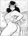1998 anthro beach big_breasts biped black_hair breasts clothing cloud detailed_background domestic_pig eyelashes eyewear female glasses greyscale hair half-closed_eyes long_hair looking_at_viewer looking_back mammal monochrome narrowed_eyes one-piece_swimsuit oscar_marcus outside pinup pose sand sea seaside sky smile solo standing suid suina sus_(pig) swimwear tight_clothing water white_body white_skin