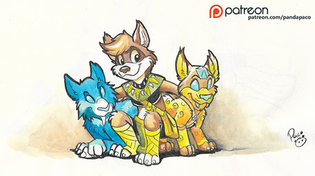 anthro big_fangs blue_body blue_eyes blue_fur blue_nose blue_teeth brown_body brown_fur brown_hair brown_nose closed_smile clothed clothing crouching duo fangs fur glistening glistening_eyes hair looking_at_viewer male mouth_closed short_hair side_view simple_background smile teeth white_body white_fur young young_anthro young_male pandapaco canid canine mammal