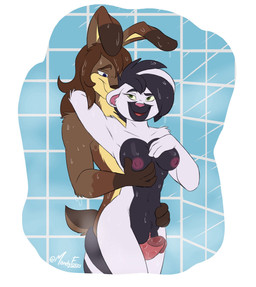 anthro areola arm_grab balls bathroom bathroom_sex big_breasts black_body black_fur breast_grab breasts brown_body brown_fur chrisbun duo female fluffy fluffy_tail fur genitals grope hand_on_breast hand_on_hip hands_behind_back interspecies long_ears looking_at_viewer male male/female nipples nude penetration penile penile_penetration penis penis_in_vagina rubbing rubbing_vulva sex shower shower_sex smile smirk standing standing_position standing_sex tail tan_body tan_fur tile tile_wall vaginal vaginal_penetration wall_(structure) water wet wet_body wet_fur white_body white_fur mandyfoxy mandy_(character) lagomorph leporid mammal mephitid rabbit skunk digital_media_(artwork) hi_res