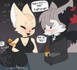 2024 aggretsuko alcohol alcohol_bottle anthro beverage black_clothing blush bottle braixen breasts butt butt_grab canid canine cheek_tuft choker cleavage clothed clothing collar container cup dialogue digital_media_(artwork) dress duo ear_piercing emanata facial_tuft fangs female fennec_fox fenneko fox fur generation_6_pokemon glass glass_container glass_cup grabbing_from_behind grey_body grey_fur grin grope hair hand_on_butt hi_res inner_ear_fluff jacket jewelry looking_at_another male male/female mammal myxen necklace nintendo open_mouth piercing pokemon pokemon_(species) sanrio simple_background smile speech_bubble spiked_collar spikes tail tan_body tan_fur teeth tongue topwear true_fox tuft white_body white_fur whitev