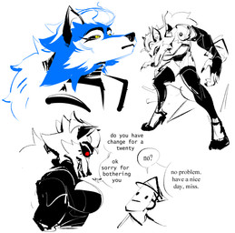 anthro black_nose blue_body blue_fur breasts cheek_tuft clothing countershade_face countershading dialogue duo facial_tuft female fur hat headgear headwear larger_female machine male monotone_background pointy_ears prick_ears pupils red_pupils sharp_teeth simple_background size_difference smaller_male teeth text tuft white_background white_body white_fur yellow_pupils the-hydroxian kaita_(the-hydroxian) android canid canine canis human mammal robot wolf 2023 absurd_res colored digital_drawing_(artwork) digital_media_(artwork) english_text hi_res sketch
