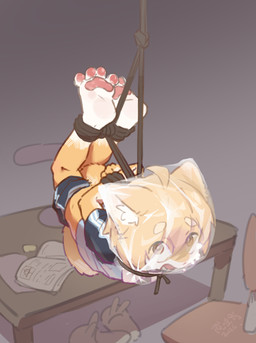 4_toes 5_fingers ahoge ankles_tied anthro arms_tied_behind_back asphyxiation bag_over_head bagging bangs bdsm black_nose blue_bottomwear blue_clothing blue_shirt blue_shorts blue_topwear bodily_fluids bondage bottomwear bottomwear_down bound brick brick_wall bunny_slippers chair circle_eyebrows clothed clothing convenient_censorship crying eraser eyebrow_through_hair eyebrows feet fingers foot_fetish foot_focus fur furniture grey_background hair hands_behind_back hands_tied hands_tied_behind_back hanging_by_feet imminent_death inner_ear_fluff kerchief looking_at_viewer male naturally_censored open_mouth orange_body orange_ears orange_eyes orange_fur orange_hair partially_clothed pawpads pink_pawpads restraints rope rope_around_neck rope_bondage rope_harness school_uniform shadow shirt shorts shorts_down simple_background solo table tail tail_between_legs tail_censorship tears teeth_showing text textbook toes tongue topwear torture translucent translucent_hair tuft uniform wall_(structure) white_body white_eyebrows white_fur white_inner_ear_fluff white_kerchief white_paws young young_anthro young_male teien domestic_cat felid feline felis mammal absurd_res chinese_text hi_res signature