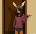 anthro beanie biped bottomwear brown_body brown_eyes brown_hair clothed clothing detailed_background door eyebrows eyelashes fingers hair hat headgear headwear male pupils shadow solo sweater topwear twang janis_(twang) lagomorph leporid mammal rabbit hi_res