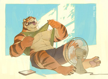 anthro bodily_fluids bottomwear clothing eyes_closed male muscular muscular_anthro muscular_male pawpads rotary_fan scientific_instrument shirt shorts sitting solo stripes sweat tank_top thermometer tongue tongue_out topwear 0rang3 sarn felid mammal pantherine tiger 2026 hi_res signature