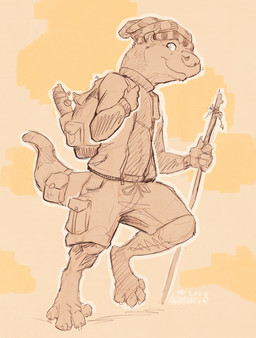 accessory anthro backpack bag barefoot bottomwear clothed clothed_anthro clothing feet furgonomics hat headgear headwear hiking looking_at_viewer male membrane_(anatomy) shorts simple_background solo stick tail tail_accessory tail_bag toes webbed_feet animancer coonix coati gulonine mammal marten mustelid musteline procyonid yellow-throated_marten 2026 hi_res monochrome sepia