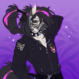 alternative_fashion anthro biped black_body black_collar black_fur black_hair chain clothed clothing collar cross cross_ear_piercing cross_piercing ear_piercing ear_ring facial_piercing fur hair hand_behind_head jacket male multicolored_hair nose_piercing patch_(fabric) piercing pink_eyes pink_hair profanity punk purple_background ring_piercing simple_background smile solo spiked_collar spikes striped_body striped_fur stripes topwear two_tone_hair white_body white_fur zipper smooxie diego_rainbow equid equine mammal zebra 1:1 digital_drawing_(artwork) digital_media_(artwork) hi_res