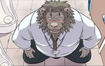 anthro bathroom belly blush bottomwear clothing humanoid_hands kemono male overweight overweight_male pants shirt solo topwear oogamikennta felid lion mammal pantherine 16:10 2023 hi_res widescreen