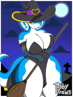 5_fingers anthro areola big_breasts blue_body breasts broom cleaning_tool clothing curvy_figure female fingers full_moon hat headgear headwear holidays huge_breasts magic_user mature_female moon night scales solo standing tail thick_thighs voluptuous voluptuous_female white_body wide_hips witch_costume witch_hat yellow_eyes tobydraws4 halloween sara_(tobydraws4) reptile scalie snake 3:4 hi_res
