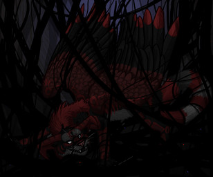 ambiguous_gender black_body black_fur dark dutch_angle fangs feathered_wings feathers feral fur orange_body orange_fur solo stripes tail teeth white_body white_fur wings octobertiger october_(octobertiger) domestic_cat felid feline felis hybrid mammal digital_media_(artwork)