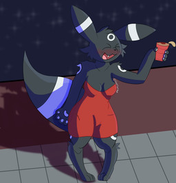 anthro anthrofied blush breasts cleavage clothed clothing dress drunk eyes_closed fangs female night pokemorph red_clothing red_dress solo strapless_clothing strapless_dress substance_intoxication teeth yelling sherbetvap nintendo pokemon yin_(sherbetvap) eeveelution generation_2_pokemon pokemon_(species) umbreon 2020 absurd_res digital_drawing_(artwork) digital_media_(artwork) hi_res signature