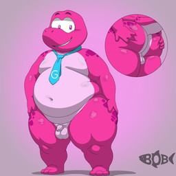 3_toes 4_fingers accessory anthro backsack balls belly big_belly big_butt butt butt_grab feet fingers foreskin fupa genitals hand_on_butt humanoid_genitalia humanoid_penis looking_at_viewer magenta_body male mostly_nude navel necktie necktie_only nude overweight overweight_anthro overweight_male penis purple_eyes simple_background small_penis smile solo thick_thighs toes bobbellyboy gameoverse glitch_productions gobbles_(gameoverse) dinosaur prehistoric_species reptile scalie 1:1 2026 digital_drawing_(artwork) digital_media_(artwork) hi_res signature