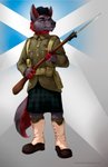 anthro bayonet beard belt_pouch black_nose boots clothed clothing combat_boots email eyebrows facial_hair flag flag_background fluffy fluffy_tail footwear fully_clothed fur glengarry_cap gun hair hat headgear headwear kilt knife male military military_cap military_clothing military_uniform purple_body purple_fur ranged_weapon red_beard red_facial_hair red_hair saltire scotland scottish scottish_flag shoes simple_background solo standing tail uniform weapon world_war_1 yellow_eyes thepimpartist canid canine canis mammal wolf 2018 hi_res traditional_media_(artwork)