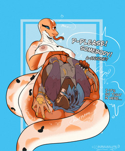 anthro begging begging_for_help breasts duo female female/female female_pred female_prey forked_tongue genitals glorp inside inside_stomach internal long_tail nude orange_body rumbling_stomach same_size_vore scales tail tongue vore vulva white_body gurglegluts canid canine mammal reptile scalie snake hi_res