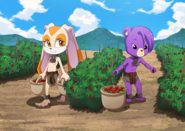 anklet anthro barefoot bdsm berry bondage bound clothed clothing cloud duo feet female female/female flat_chested food fruit fur jewelry plant purple_body purple_fur sky slave slave_clothing topless young young_anthro young_female the_dark_mangaka disney gummi_bears sega sonic_the_hedgehog_(series) cream_the_rabbit fiona_gummi_(fan_character) absurd_res hi_res