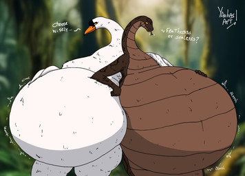 ambiguous_gender anthro apode beak belly big_belly brown_arms brown_belly brown_body duo hand_on_belly huge_belly legless looking_at_viewer orange_beak overweight rumbling_stomach serpentine talking_to_viewer text tongue tongue_out white_body yauhasart mboi_(yauhasart) anatid anseriform anserine avian bird draconcopode naga swan 2025 english_text flat_colors hi_res watermark