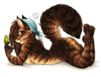 anthro blue_headkerchief blue_kerchief breast_rest breasts brown_body brown_fur brown_hair butt clothing duo ear_tuft feathers feet female fur green_body green_eyes green_feathers hair headgear headgear_only headkerchief headkerchief_only headwear headwear_only hindpaw holding_feral humanoid_hands kerchief kerchief_only long_hair looking_at_viewer lying mostly_nude on_front paws perching pink_nose plantigrade raised_tail side_view simple_background size_difference snout tail tuft whiskers white_background white_whiskers yellow_body yellow_feathers michele_light avian bird budgerigar domestic_cat felid feline felis loriinae maine_coon mammal parakeet parrot true_parrot 2012 full-length_portrait low_res portrait traditional_media_(artwork)