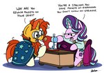 chair clothing desk dialogue eyewear facial_hair female feral fur furniture glasses hair horn male orange_hair pink_body pink_fur purple_hair sewing_machine table text yellow_body yellow_fur bobthedalek friendship_is_magic hasbro my_little_pony mythology starlight_glimmer_(mlp) sunburst_(mlp) equid equine mammal mythological_creature mythological_equine unicorn english_text hi_res