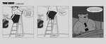 2023 anthro barnem belly big_belly big_butt blush butt clothing comic dialogue english_text hi_res ladder male mammal monochrome murid murine necktie overweight overweight_male rat rodent shirt solo text topwear