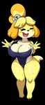 anthro big_breasts blush blush_stickers bodily_fluids breasts clothing eyes_closed female fur huge_breasts one-piece_swimsuit open_mouth solo sweat swimwear tail thick_thighs yellow_body yellow_fur lollipopcon animal_crossing nintendo isabelle_(animal_crossing) canid canine canis domestic_dog mammal shih_tzu toy_dog absurd_res alpha_channel hi_res