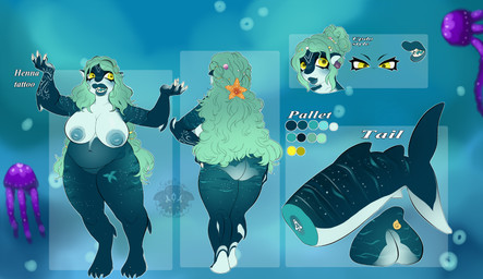 anthro arm_tattoo big_breasts big_butt big_nipples breasts butt female hair multicolored_body navel nipples non-mammal_breasts non-mammal_navel non-mammal_nipples nude overweight overweight_anthro overweight_female sea solo tattoo teal_hair water wide_hips yellow_eyes meowlynx aquatic carpet_shark fish shark whale_shark absurd_res hi_res model_sheet