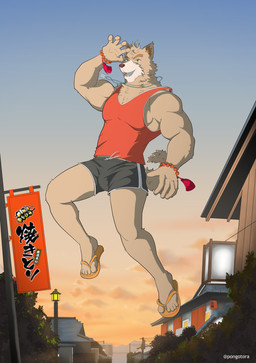anthro bottomwear bulge clothed clothing feet footwear male muscular muscular_anthro sandals shirt shoes shorts sky skyscape solo sunset tank_top topwear uniform gaouu pongotora canid canine canis domestic_dog mammal shiba_inu spitz hi_res