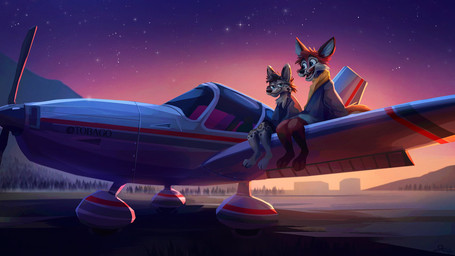 3_toes aircraft airplane anthro barefoot biped black_lips blue_eyes claws clothed clothing detailed_background duo feet fur grey_body grey_fur lips male open_mouth orange_body orange_fur outside scarf sitting sky smile star starry_sky sunset toes tongue topwear vehicle young jacato airbus socata_tb canid canine fox mammal 16:9 2020 digital_media_(artwork) digital_painting_(artwork) hi_res painting_(artwork) widescreen