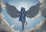 anthro areola blue_body blue_fur breasts clothed clothing feathered_wings feathers female front_view fur metal_clothing navel nipples partially_clothed solo tail wings foxovh kate_(morpheuskibbe) sergal 2023