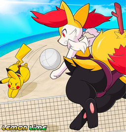 ambiguous_gender anthro ball barefoot beach beach_background big_butt black_clothing black_legs black_speedo black_swimwear butt clothing cloud duo feet light light_beam net one-piece_swimsuit purple_one-piece_swimsuit sand sea speedo sport stick sunbeam sunlight swimwear tail thick_thighs volleyball volleyball_(ball) volleyball_net water yellow_body lemonlime nintendo pokemon braixen generation_1_pokemon generation_6_pokemon pikachu pokemon_(species) 2024 hi_res signature