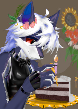 anthro birthday_cake cake dessert food gentle_maledom happy latex male solo text unknown_artist canid canine canis mammal wolf hi_res