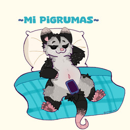 3_fingers 4_toes bed bedding belly belly_markings big_pillow black_body black_ears black_fur black_markings black_tail black_tuft blanket blue_bedding blue_blanket casual_nudity cellphone claws closed_smile convenient_censorship countershading curved_tail dipstick_ears dipstick_tail ear_markings electronics exposed_teeth eye_markings eyebrows_(marking) eyes_closed facial_markings feet female female_feral feral finger_claws fingers front_view fur fur_markings furniture grey_body grey_ears grey_fur grey_thighs guard_hair hand_behind_head hand_on_belly head_markings head_on_pillow lying lying_on_bed markings membrane_(anatomy) monotone_markings mouth_closed multicolored_body multicolored_ears multicolored_fur navel_pouch nude on_bed on_blanket onomatopoeia pawpads paws phone pillow pink_ears pink_feet pink_hands pink_nose pink_pawpads pink_paws pink_tail plaid_blanket plantigrade pouch_(anatomy) rat_tail relaxed_expression relaxing scratching_belly scratching_self semi-anthro simple_background slightly_chubby smile solo sound_effects spread_legs spreading tail tail_markings teeth text thick_thighs toes tuft two_tone_tail webbed_feet whiskers whiskers_spots white_background white_body white_claws white_fur wide_hips artistic_dot kali_denise american_opossum hybrid mammal marsupial virginia_opossum water_opossum white-eared_opossum 1:1 2025 colored_sketch constructed_language digital_drawing_(artwork) digital_media_(artwork) esperanto_text full-length_portrait hi_res portrait signature sketch