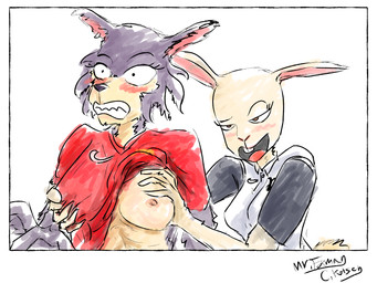 anthro breast_grab breasts clothed clothing clothing_lift duo female female/female gasp hand_on_breast shirt shirt_lift teasing topwear mr.foxman beastars manchester_united nike premier_league tottenham_hotspur_fc haru_(beastars) juno_(beastars) canid canine canis lagomorph leporid mammal rabbit wolf absurd_res hi_res