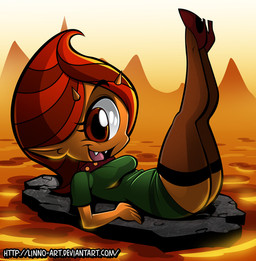breasts butt clothing cute_fangs eyebrows eyelashes fangs female footwear hair happy high_heels horn humanoid_pointy_ears lava legs_up legwear looking_at_viewer lying not_furry on_back open_mouth orange_body orange_skin outside pointy_ears red_eyes red_hair shoes side_view smile solo teeth text thigh_highs tongue linno-art jimmy_two-shoes saffi_(jimmy_two-shoes) cyclops humanoid url