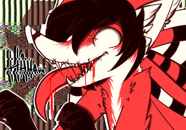 abstract_background anthro beard black_body black_fur black_hair blood bodily_fluids claws cross facial_hair fur goatee hair inner_ear_fluff insane male outline paws pseudo_hair red_body red_eyes red_fur sewn_mouth sharp_teeth smile solo teeth tentacle_hair tentacles text tongue tongue_out tuft white_body white_fur white_outline jamingu lapfox_trax renard_queenston canid canine fox mammal 2013 english_text