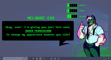 anthro black_bottomwear black_clothing black_pants black_speech_bubble blue_clothing blue_shirt blue_topwear bottomwear brown_body brown_fur clothed clothed_anthro clothed_male clothing computer_virus_(program) dialogue eyewear fully_clothed fully_clothed_anthro fully_clothed_male fur glasses green_light green_text grin hair hand_in_pocket male male_anthro pants pink_hair pockets shirt smile solo stats tan_body tan_fur teeth text topwear melaisen microsoft microsoft_windows windows_10 bau_(melaisen) akita american_akita canid canine canis domestic_dog mammal spitz 2022 absurd_res cel_shading english_text hi_res portrait shaded three-quarter_portrait