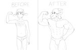 abs anthro before_and_after big_muscles bulge clothed clothing expansion flexing fur growth hair horn male muscle_growth muscular muscular_anthro muscular_male narrow_hips nipples pecs skinny smile solo standing text thick_thighs thin_thighs underwear underwear_only oscar_parke_(artist) william_(falcon_mccooper) animal_humanoid bovid caprine goat humanoid mammal 2024 black_and_white digital_drawing_(artwork) digital_media_(artwork) english_text hi_res line_art monochrome